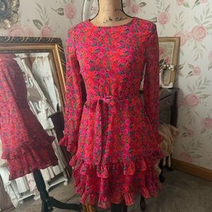 Red & Pink Floral Long Sleeve Ruffle Mini Dress